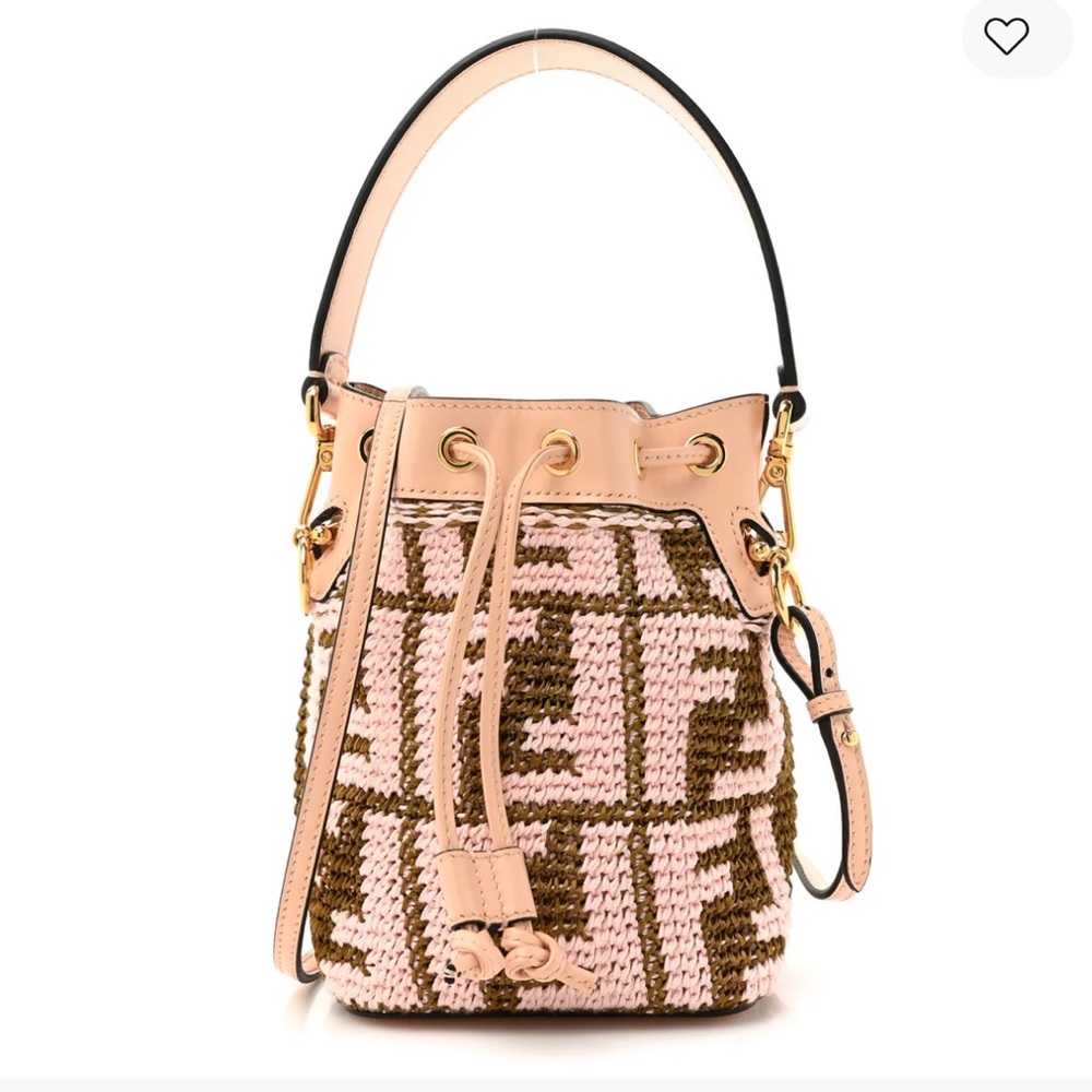 FENDI Raffia Vitello Crochet Mini Mon Tresor Bucket Bag Natural Light Rose